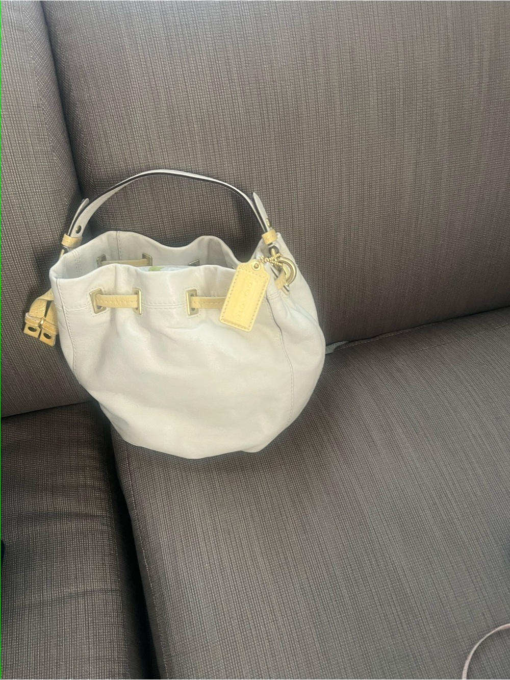 Leather Drawstring Hobo Bag in Off-White with Yellow Accents